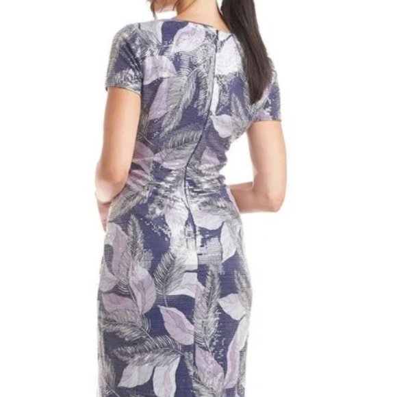 JS COLLECTIONS LEAVES NYLAH SEQUIN BLUE FAUX WRAP DRESS sz 2 - Picture 4 of 5
